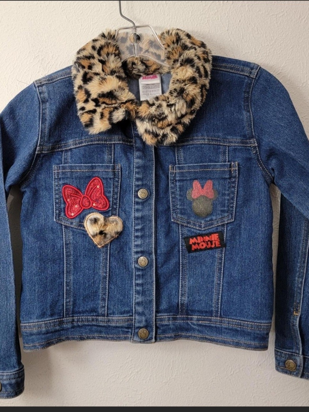 Disney Blue Denim Jacket with Faux Leopard Collar and Red Minnie Accents